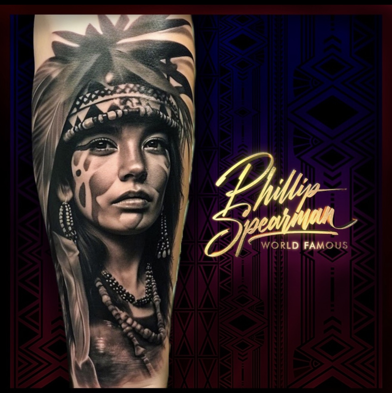 This black and grey realism portrait captures a profound depth on the arm, with Phillip's precise hand creating luminous skin through smooth tonal transitions. The intricate textures of her feathered headdress and beaded jewelry are beautifully balanced by the distinct patterns of her ceremonial markings. It's a striking piece that speaks to quiet strength and the enduring pride of heritage.