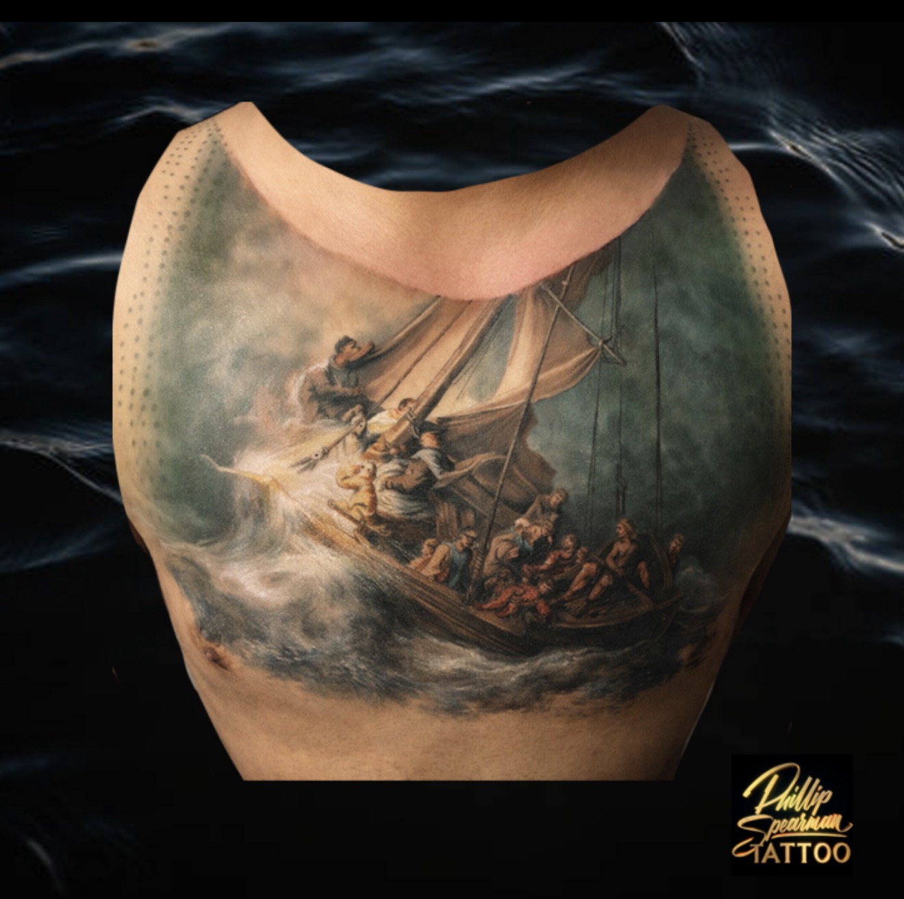 This remarkable chest piece now reveals a classic stormy seascape, a complete cover-up where nothing of the previous tattoo remains visible. Phillip's painterly realism brings the dramatic scene to life with vibrant color, capturing the intense moment aboard the distressed ship. Observe the meticulous detail in the crashing waves and the expressive figures, all rendered with smooth tonal transitions and impressive depth, speaking to a quiet strength.