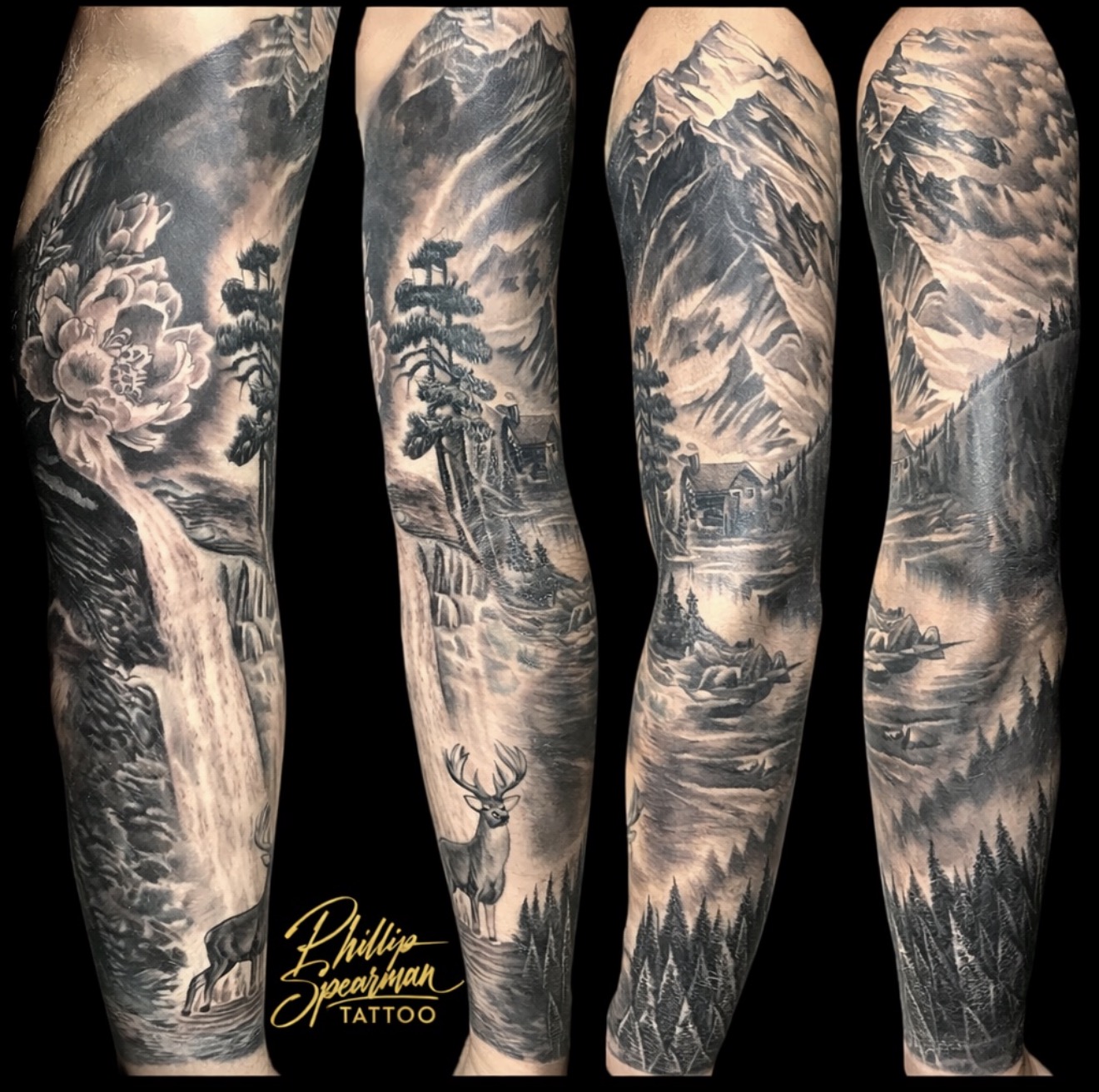 This black and grey nature realism sleeve beautifully captures a beloved landscape, intertwining majestic mountains, a tranquil waterfall cascading past a peony, and a cabin nestled by the lake. Phillip's precise gradient work defines the rugged mountain peaks, while delicate textures bring life to the soft mist, the intricate antler ridges on the proud stag, and individual pine needles. It’s a permanent tribute, holding a cherished personal memory within this breathtaking natural scene.