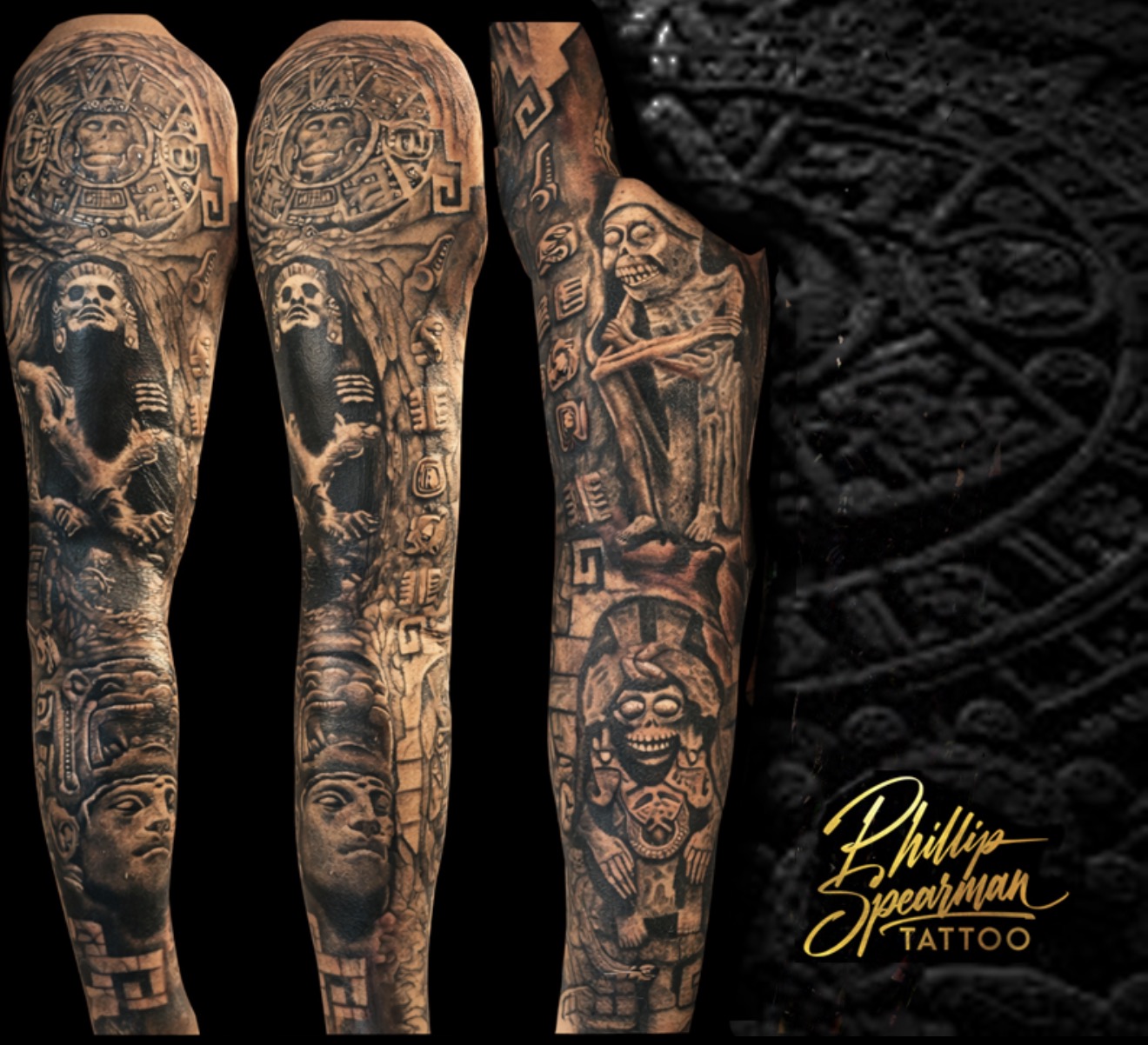 This Aztec gods sleeve by Phillip creates the striking illusion of an arm sculpted from ancient stone. He carefully layered deep grays and rich textures across the entire form, bringing intricate calendars, skeletal figures, and detailed glyphs to life. The work gives the powerful sense that the arm itself is a piece of history, deeply embedded and timeless.