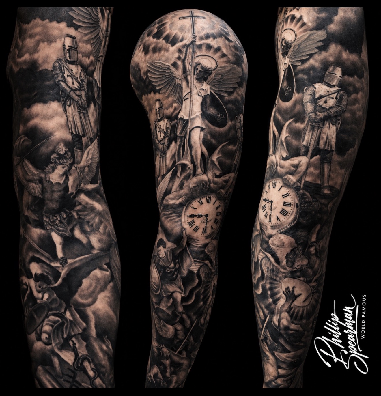 This black and grey sleeve illustrates a profound narrative of spiritual warfare, commencing with Archangel Michael standing victorious, cross raised, high on the shoulder. Below, armored knights of the realm are poised amidst turbulent skies, overseeing the descent of dark figures and the symbolic passage of time marked by finely detailed clock faces. The composition thoughtfully wraps the arm, capturing the dynamic struggle between celestial and infernal forces with remarkable depth and texture.