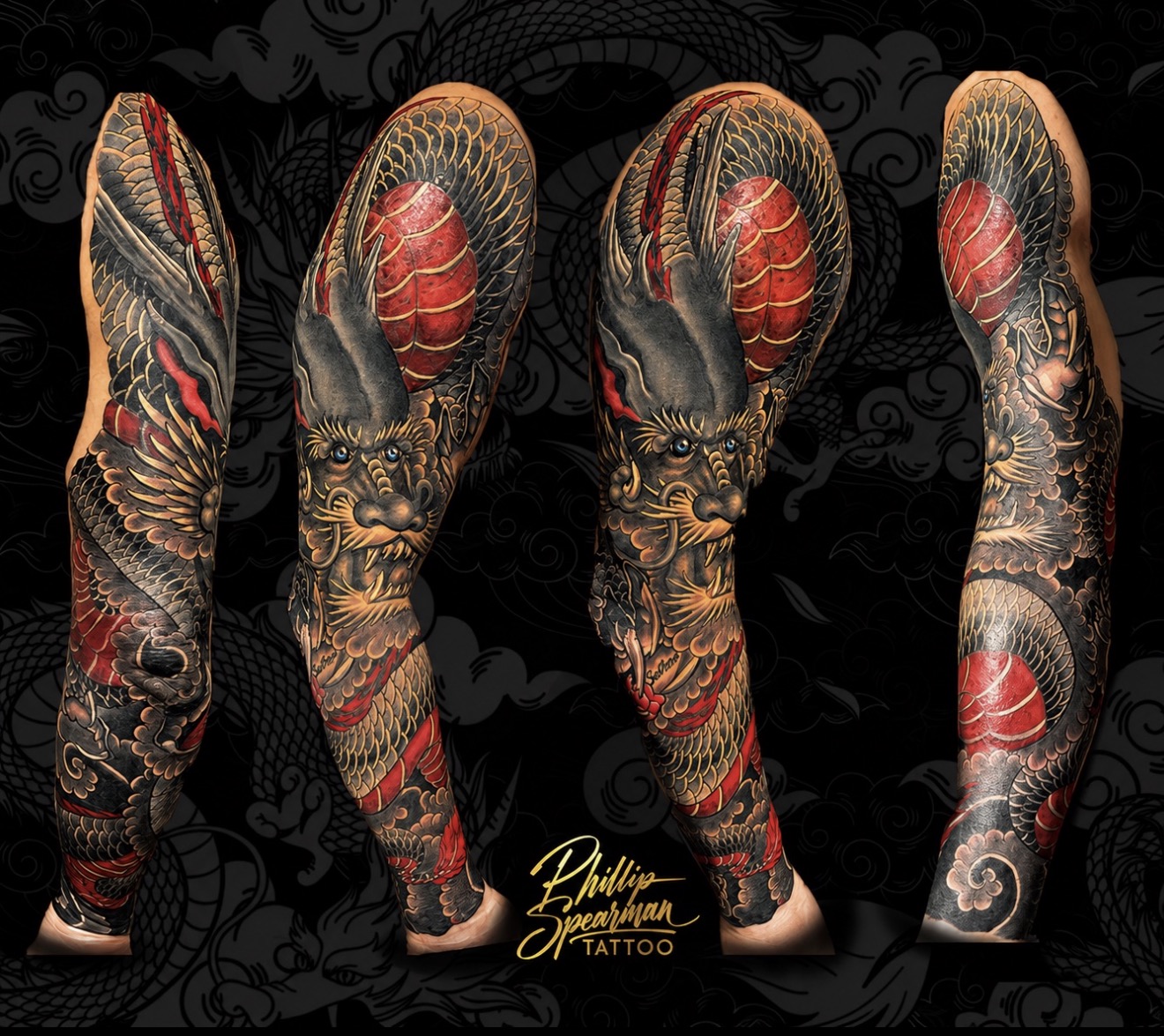 This Korean Dragon sleeve, distinguished by its traditional four claws, masterfully transforms the entire arm, serving as a powerful cover-up where no trace of the previous tattoo remains. The intricate freehand work allows the dragon's body to flow seamlessly, with its sharp blue eyes and vibrant red accents commanding attention across the deep black and gold scales.