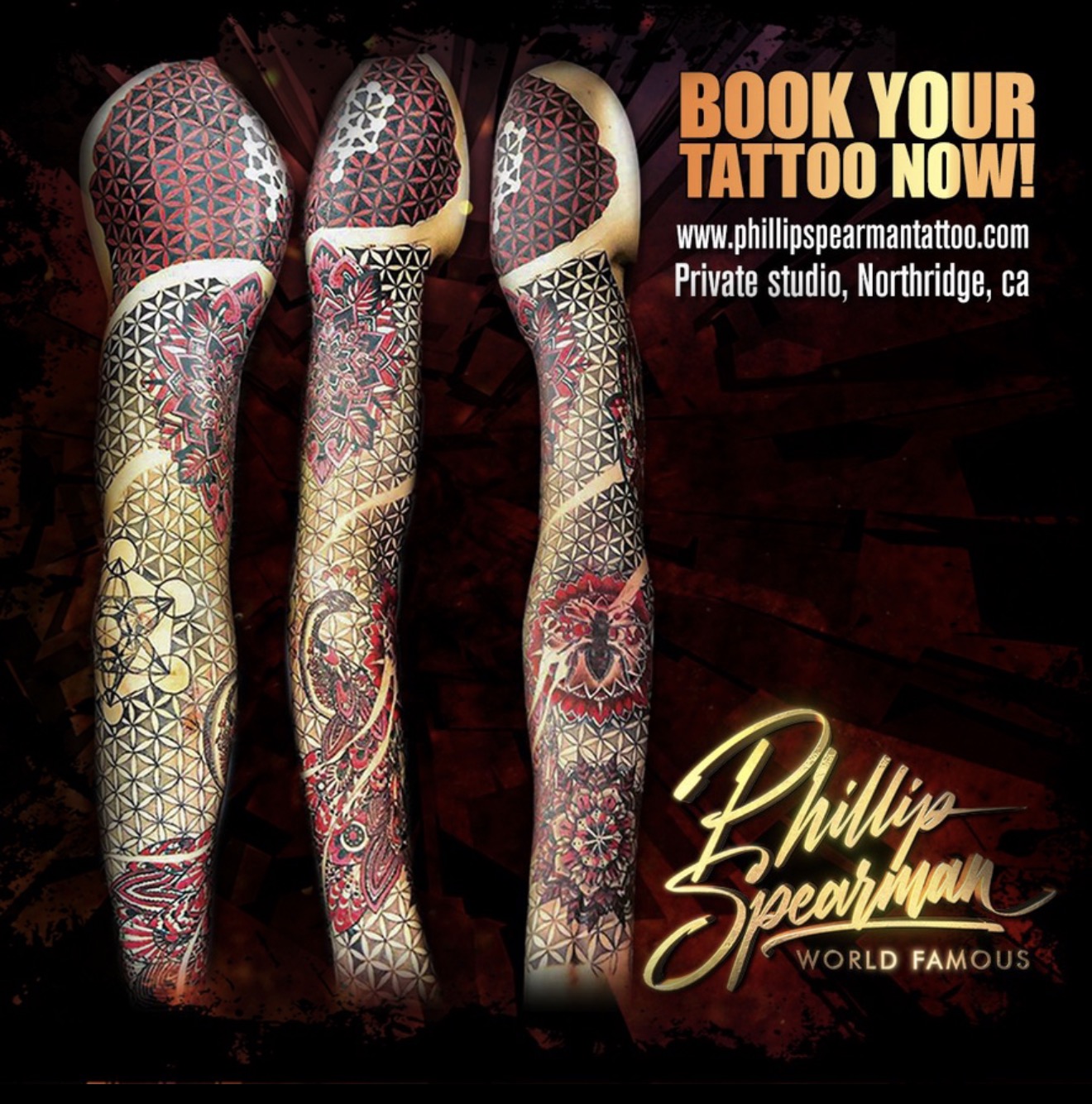 This full arm sleeve is a remarkable example of freehand artistry, where sacred geometry and intricate metaphysical symbols come to life. The interlocking patterns of red, black, and warmer tones wrap seamlessly, creating a captivating design that flows with the arm’s natural contours. Each detailed segment contributes to a profound, unified composition.