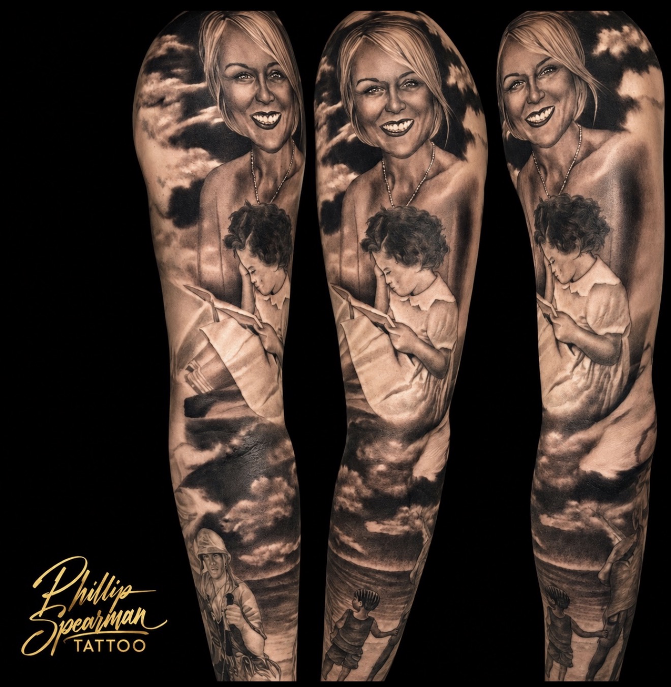 This intricate black and grey sleeve artfully immortalizes deeply personal family moments. Phillip captured the vibrant spirit of a loving wife and the quiet grace of a child, extending down to poignant memories with a father through detailed scenes of a soldier and beach play, all harmoniously composed with atmospheric clouds.