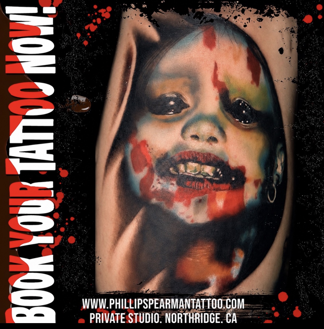 This color realism piece presents a compelling horror aesthetic, brought to life through intricate watercolor effects. Notice how the reds appear vividly splashed, creating a haunting contrast with the deep, expressive tones of the child's face. Phillip’s skill makes the details, from the dark eyes to the textured lips, truly speak.