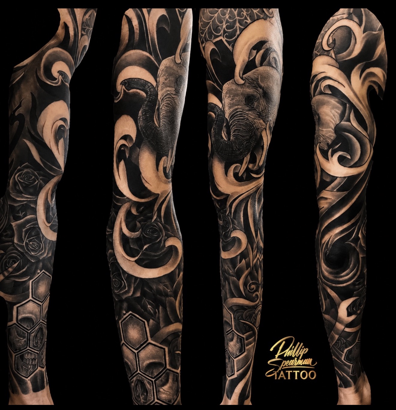 This full sleeve masterfully blends the strength of the elephant with the flowing elegance of filigree and roses. Intricate layers unfold down the arm, seamlessly integrating the detailed texture of the elephant's skin with soft rose petals. Below, a striking honeycomb pattern subtly recesses a skull, grounding the piece with a quiet depth.