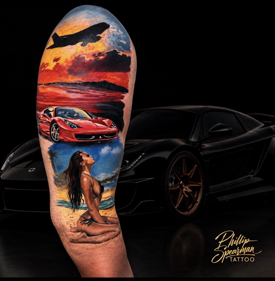 This vibrant leg piece beautifully captures the client's personal vision of California, integrating its iconic landscapes and lifestyle. From the powerful jet taking flight at sunset to the sleek red sports car and the serene beach scene below, each element is rendered with rich, dynamic color that flows cohesively across the limb. The intricate details and careful layering create a deeply personal narrative.