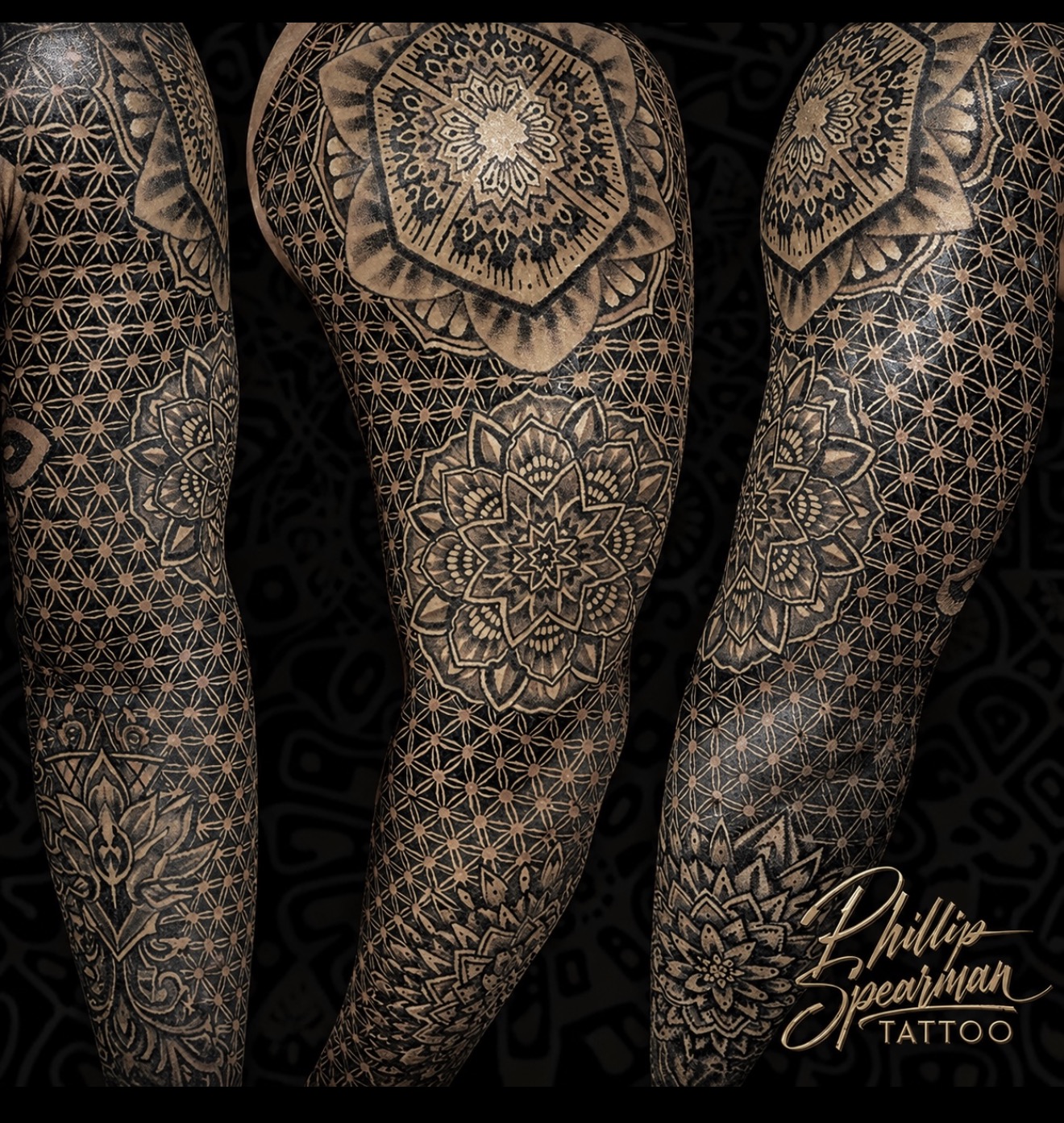 This black and grey sacred geometry sleeve reveals a complete story across the arm. Each intricate pattern was rendered freehand, allowing the 'circle of life' background to seamlessly connect the larger mandalas, creating a unified and cohesive flow from shoulder to wrist. The quiet power of this piece lies in the precision of every line and the harmonious composition.