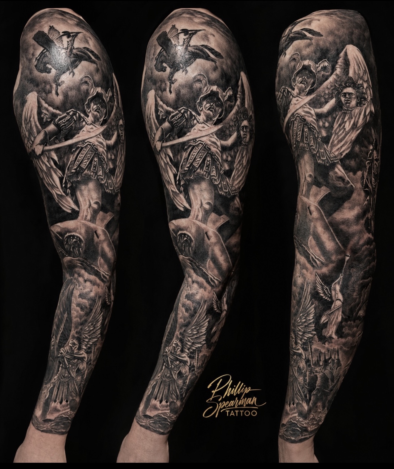 This powerful full sleeve in black and grey beautifully illustrates the spiritual wars one navigates and ultimately overcomes, featuring a commanding archangel with intricate armor and wings across the upper arm. The composition flows seamlessly into a dynamic battle scene on the forearm, all brought to life through dramatic cloudy skies and masterful light and shadow work.