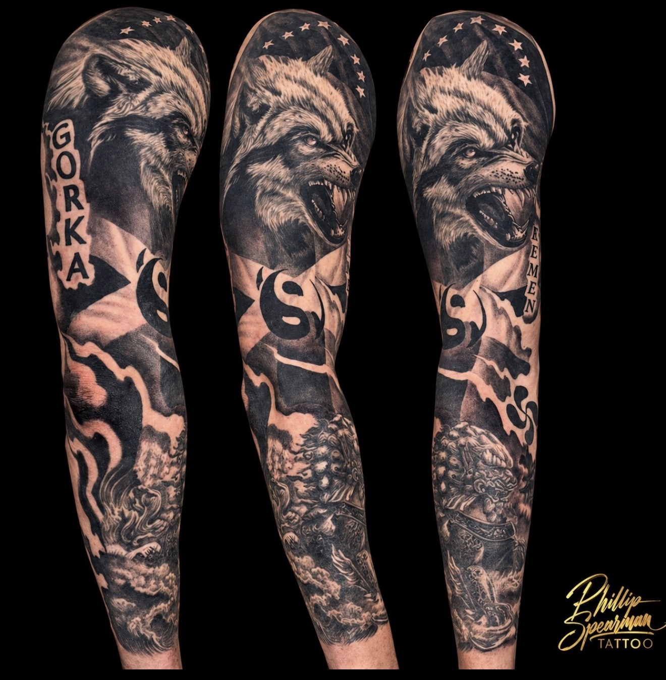 This custom sleeve beautifully integrates significant personal and cultural elements. A powerful wolf, an intense guardian, symbolizes his journey at the shoulder. Beneath, the intertwined flags carrying the names Gorka and Kemen connect deeply to his heritage, while a detailed Foo Dog offers steadfast protection further down the arm. Phillip brought together these rich cultural representations into a cohesive narrative that fully envelops the arm.