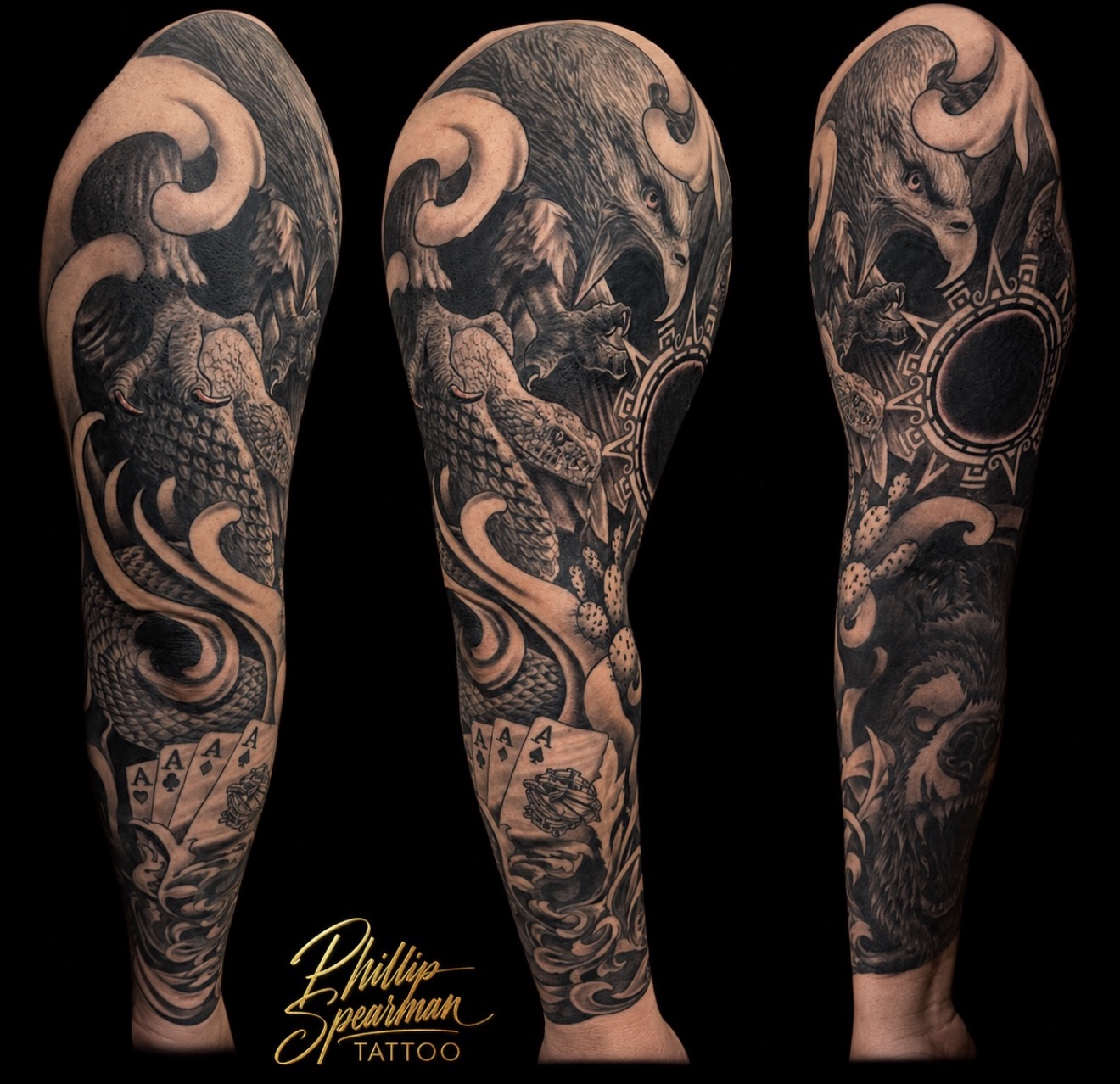This intricate black and grey sleeve embodies a deep connection to Mexican and Aztec culture, featuring a majestic eagle and serpent akin to the national flag. Below, a powerful bear symbolizes the client's identity, accompanied by a finely detailed deck of cards with a unique Mexican motif, representing life's journey. Flowing filigree expertly unites these elements, wrapping the arm with a seamless composition that highlights the texture and form of each piece.