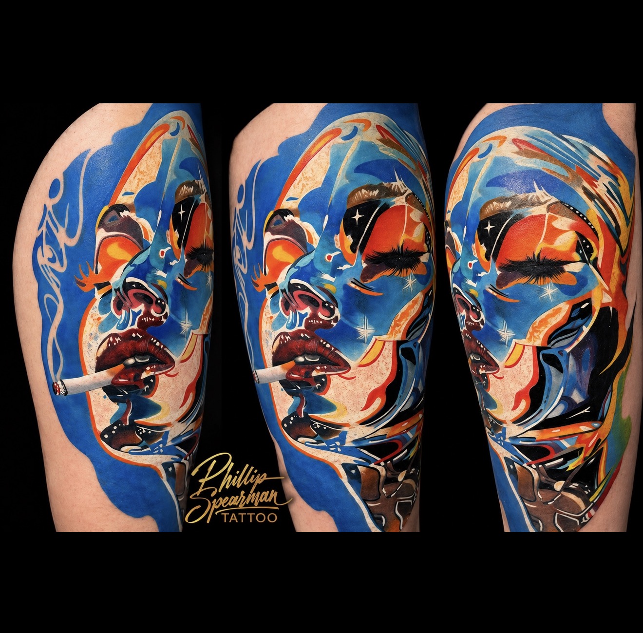 This vivid abstract portrait, intricately rendered on the leg, embodies a striking defiance. Phillip explored the full range of his creative vision here, using fragmented forms and luminous metallic colors to create a truly expressive piece. The specific detail of the cigarette perfectly accentuates her confident demeanor.